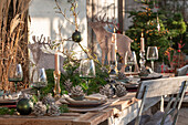 Weihnachtlich festlich gedeckter Tisch im Hüttenstil, Kiefernzapfen, Tannenzweige, Kerzenständer aus Glas