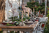 Weihnachtlich festlich gedeckter Tisch im Hüttenstil, Kiefernzapfen, Tannenzweige, Kerzenständer aus Glas