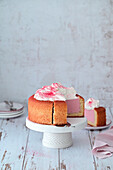 Strawberry mousse cake with whipped cream and strawberry powder