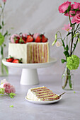 Vertical strawberry cake with vanilla cottage cheese cream