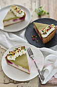 Vegan semolina quark tart with raspberries and pistachio cream