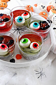 Halloween jelly with eyeball decoration and fruit