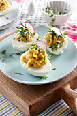 Stuffed eggs with chicken farce and cress