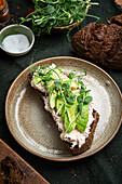 Brown bread toast with tuna cream and avocado slices