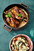 Oven-baked pheasant with plum and mustard sauce