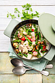 Spring fricassee with asparagus, mushrooms and fresh chervil