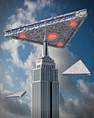 UFOs above Empire State Building, illustration