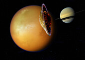Huygens probe near Titan and Saturn, illustration