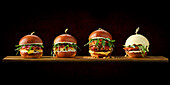 Lamb kebab burger, French onion cheeseburger, Nacho cheeseburger, Veggie indian burger