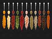 Various spices and herbs on spoons