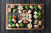 Large sushi platter with wasabi and ginger