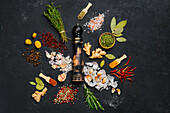 Spices and herbs on a dark background