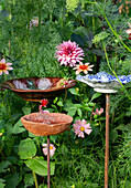 Decorative bird baths in the summer garden