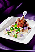Partridge with black salsify papardelle, lamb's lettuce and candied violets