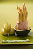 Asparagus in beef ham with sorrel sauce and potatoes