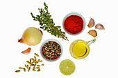 Herbs and spices on a white background