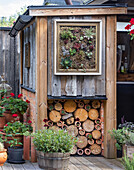 Pflanzenwand und Holzlager im Garten