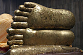 Golden feet of reclining Buddha statue, Mahaparinirvana Temple, Kushinagar, Uttar Pradesh, India