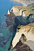 France, Seine Maritime, Cote d'albatre, Etretat, the cliff, arch and needle (aerial view)