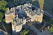 France, Sarthe, Le Lude, castle of Le Lude, often mentioned as one of the castles of the Loire in the guide books (aerial view)