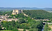France, Drome, Drome Provencale, Suze la Rousse, the 11th century feudal castle sheltering the University of Wine since 1978 (aerial view)