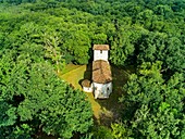 France, Gironde, Val de L'Eyre, Parc Naturel Régional des Landes de Gascogne, Lugos, Church of Old Lugo or Old Lugos, dating from the eleventh century, listed as a historical monument (aerial view)