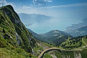 Schweiz, Kanton Waadt, Montreux, die Zahnradbahn zum Felsen von Naye, Gipfel links, in den Weiden von La Perche und dem Genfersee