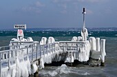 Schweiz, Kanton Waadt, Versoix, das Ufer des Genfersees bei sehr kaltem Wetter, der Steg ist mit Eis bedeckt