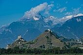 Switzerland, Valais, Sion, the castle of Tourbillon, the basilica of Valere and the mountain of Grand Chavalard