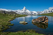 Switzerland, Valais, Zermatt, not far from the top of the cable car of Blauherd, the lake of Stellisée, mirror of the Matterhorn