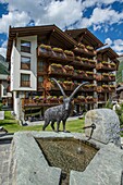 Switzerland, Valais, Zermatt in the center of the village, bronze ibex sculpture and stone carved basin