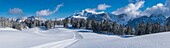 France, Haute Savoie, Bornes massif, Plateau des Glieres, panoramic view of cross country ski trails on the north eastern part of the plateau, the rocks of Leschaux and the Jalouvre peak