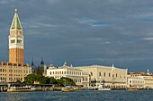 Italy, Veneto, Venice listed as World Heritage by UNESCO, San Marco district, view of the facades of Riva degli Schiavoni from the Punta della Dogana, Saint Marc campanile, Palazzo Ducale (Doge's plalace) Saint Marc cathedral and basilica