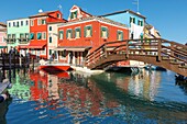 Italy, Veneto, Venice listed as World Heritage by UNESCO, Burano island, Burano, reflection of colorful houses