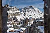 France, Haute Savoie, Chablais massif, ski area of the Portes du Soleil, Avoriaz, view in succession on the station and the summit of Hauts Forts