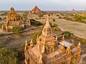 Myanmar (Burma), Mandalay region, Buddhist archaeological site of Bagan listed as World Heritage by UNESCO, Taung Guni Paya temple at first (aerial view)