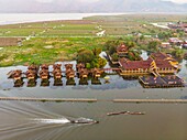 Myanmar (Burma), Shan State, Inle Lake, Kela Floating Gardens, and Paramount Inle Resort Overwater Hotel (aerial view)