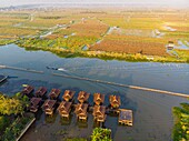 Myanmar (Burma), Shan State, Inle Lake, Kela Floating Gardens, and Paramount Inle Resort Overwater Hotel (aerial view)