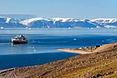 Greenland, North West coast, Smith sound north of Baffin Bay, Siorapaluk, the most nothern village from Greenland, MS Fram cruse ship from Hurtigruten at anchor