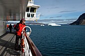 Greenland, west coast, Disko Bay, Ataa Strait, Hurtigruten's MS Fram Cruise Ship moves to Eqip Sermia Glacier (Eqi Glacier)