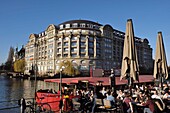 France, Bas Rhin, Strasbourg, old town listed as World Heritage by UNESCO, Quai des Pecheurs, Ill river, Saint Etienne bridge, pontoon, barge, cafe l Atlantico in february