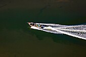 Frankreich, Gironde, Bassin d'Arcachon, Fischerboot (Luftaufnahme)