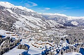 France, Savoie, Valmorel, Massif of the Vanoise, Tarentaise valley, view of the massif of La Lauziere and the massif of Beaufortain, (aerial view)