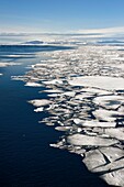 Grönland, Nordwestküste, Smith-Sund nördlich der Baffin Bay, gebrochene Stücke arktischen Meereises und riesiger Eisberg im Hintergrund in Richtung der kanadischen Küste von Ellesmere Island