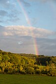 France, Jura, Arbois, rainbow after the storm on the trays intended for breeding