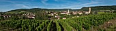 Frankreich, Jura, Arbois, Panoramablick auf die Stadt inmitten eines Weinbergs