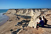 Morocco, Western Sahara, Dakhla, young men sitting above the cliff overlooking Araiche beach and fishing boats