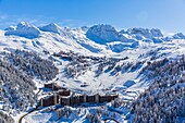 France, Savoie, Vanoise massif, valley of Haute Tarentaise, La Plagne, part of the Paradiski area, view of Plagne Bellecote and Belle Plagne, (aerial view)