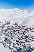 France, Savoie, Vanoise massif, valley of Haute Tarentaise, La Plagne, part of the Paradiski area, view of Belle Plagne and the Mont Blanc (4810m), (aerial view)