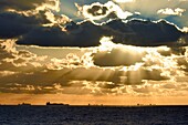 France, Seine Maritime, Le Havre, cargo ships anchored in the Le Havre port waiting area off the coast